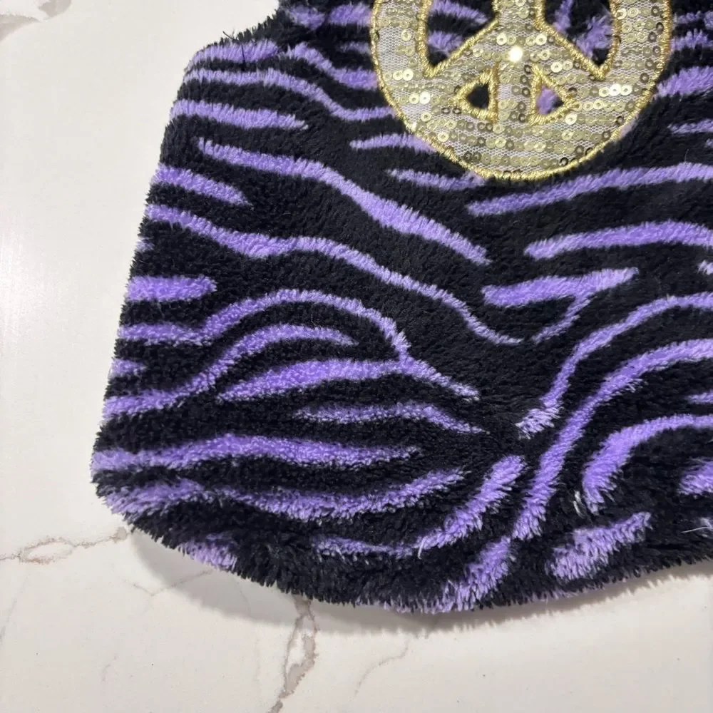 Fleece Dog Coat Jacket Sequins Peace Sign Tiger Striped Purple Black Gold Size S